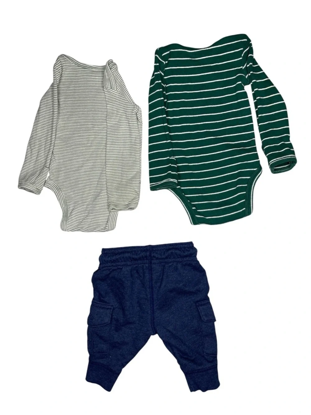 Carter's Green and Cream Striped Long-Sleeve Bodysuits with Navy Pants 3m